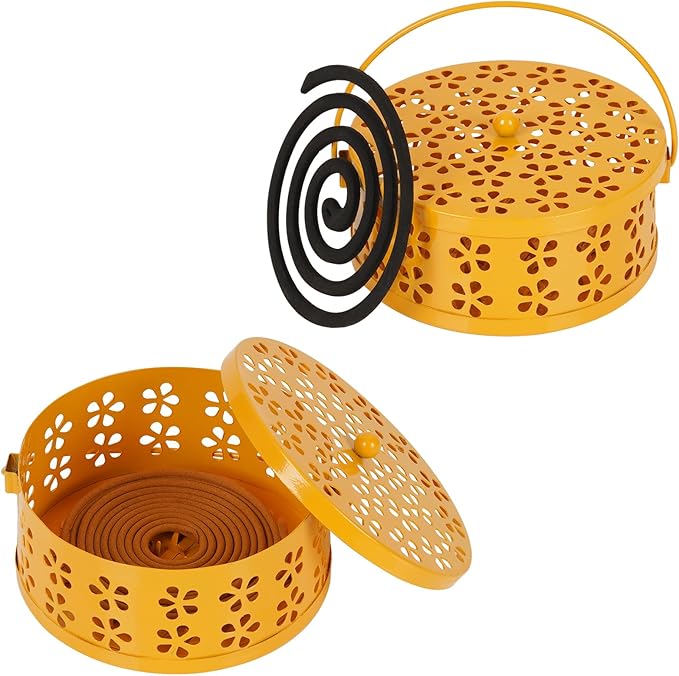 Portable Iron Mosquito Coil Holder with Handle Round Heat-Resistant Incense Holder (2 Pack Yellow)
