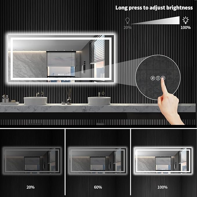 LOAAO 72X32 LED Bathroom Mirror with Lights, Anti-Fog, Dimmable, Backlit + Front Lit, Lighted Bathroom Vanity Mirror for Wall, Shatter-Proof, Memory Function, ETL Listed