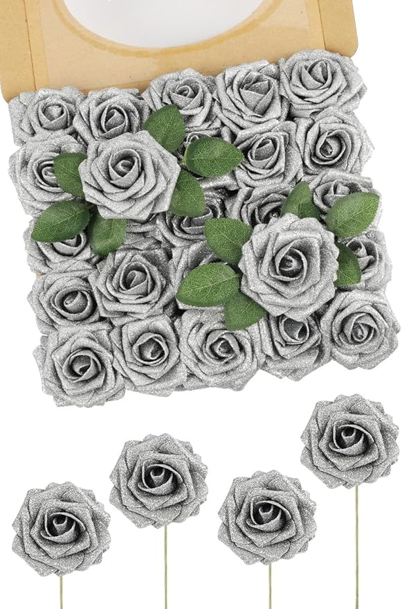 N&T NIETING Artificial Flowers Glowing Silver Flowers Foam 50pcs Glitter Roses Real Looking Fake Roses with Stem for DIY Wedding Bouquets Centerpieces Bridal Shower Party Home Decorations