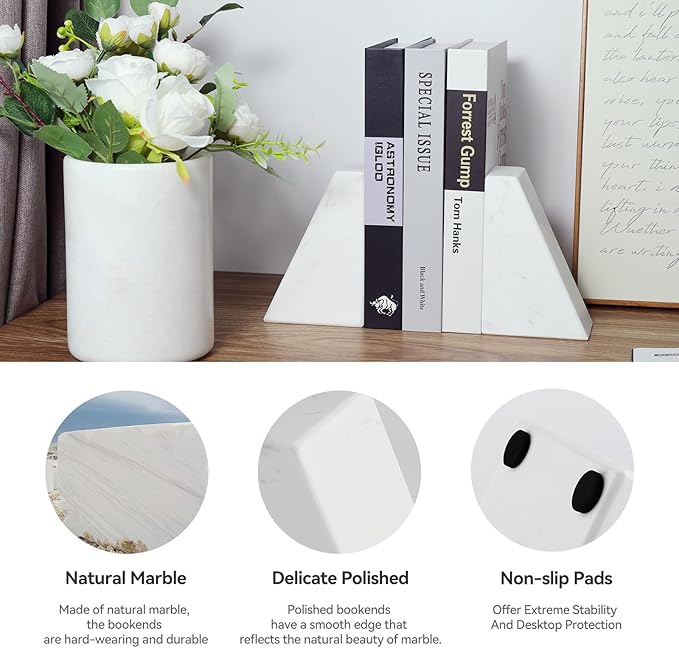 Marble Bookends for Heavy Books, Decorative Book Ends for Shelves, White Stone Durable and Heavy-Duty Book Ends for Hardback Books & CDS, Unique Book Stopper & Holder, Set of 2