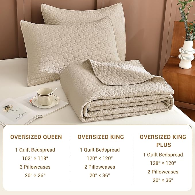 Sanracie Oversized King Quilt Bedspread Sets 120"*120", 100% Cotton Linen Colored Cal King Quilt Bedding Set CircularQuilting Extra Wide Large 3Pcs Coverlet Set for All Season Soft Thin Comforter