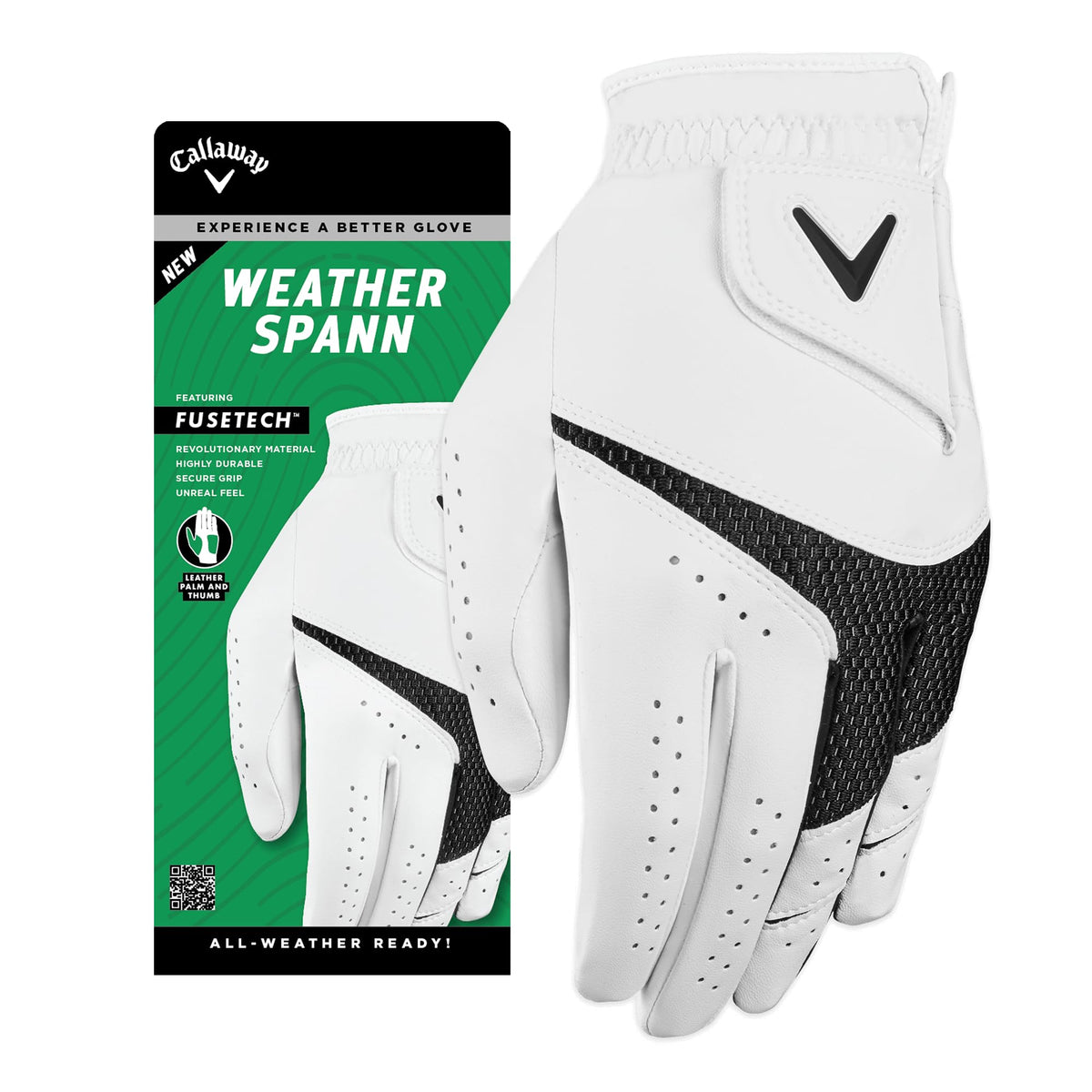 Callaway Golf Weather Spann Glove (Worn on Left Hand,White,Medium/Large,Cadet (Short Fingers))