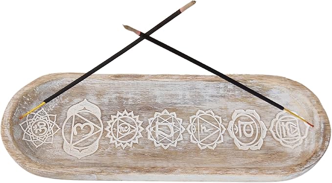 VANIYA CRAFTS® Wooden Handmade Symols Design Boat Shape Incense Holder Stand Insence Tray for Sticks Home Decor Restaurant (11X4,Antique White)