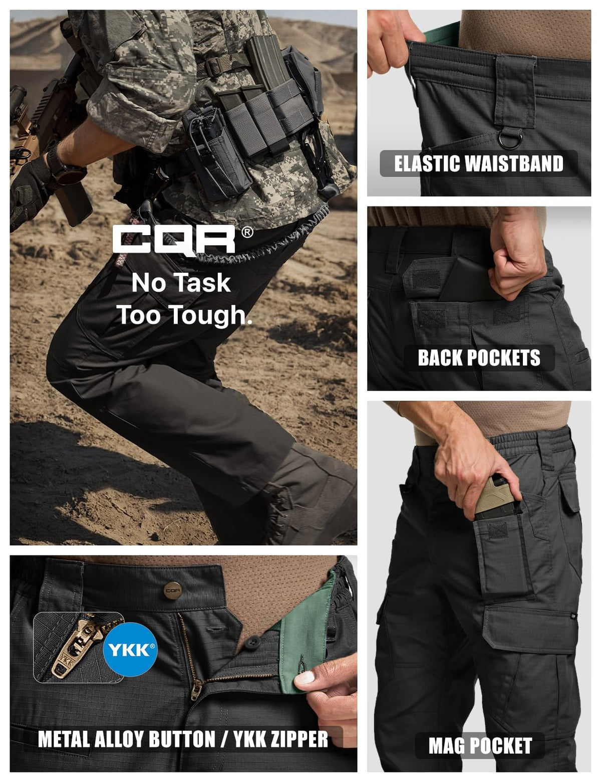 CQR Men's Tactical Pants, Water Resistant Ripstop Cargo Pants, Lightweight EDC Work Hiking Pants, Outdoor Apparel, Duratex Mag Pocket Black, 38W x 34L