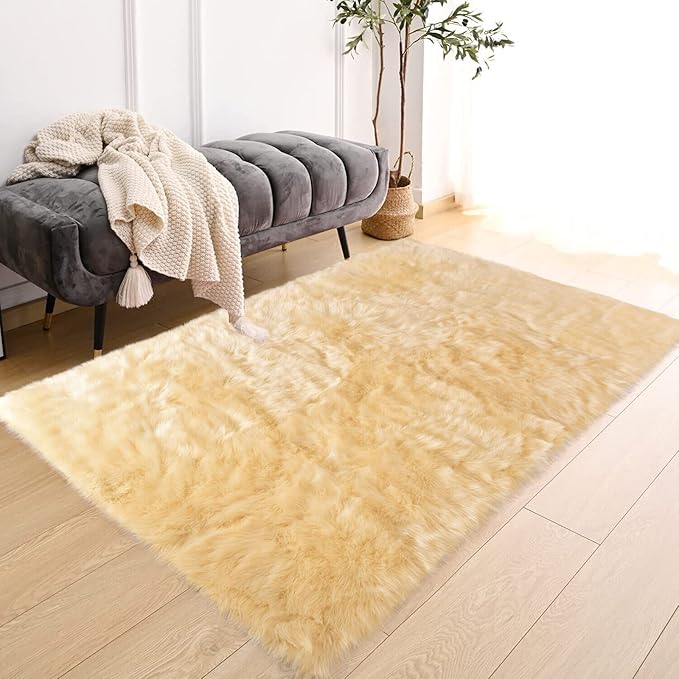 Latepis Yellow Rugs for Living Room Faux Sheepskin 5x6.7 Fuzzy Rugs Washable Fur Rug for Bedroom Bedside Home Décor, Rectangle