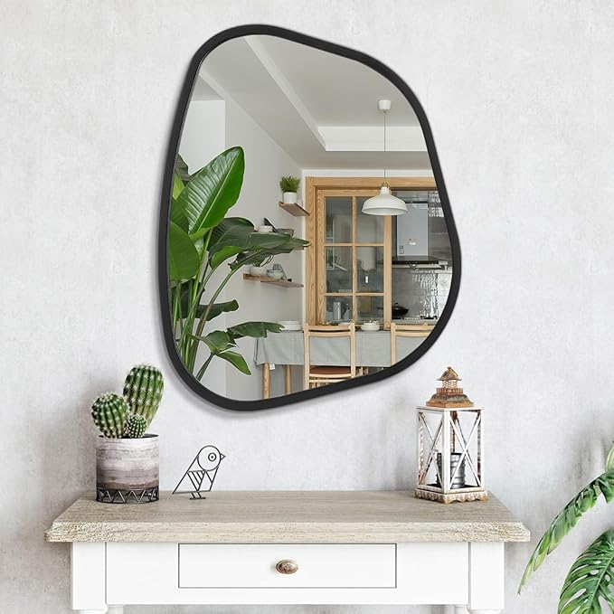 Black Asymmetrical Mirror Large 26"x18" Irregular Oval Wall Mirror Modern Wood Frame Unique Shape Wall Mounted Vanity Artistic Mirror Decorative for Living Room Bedroom Bathroom Entryway Hallway