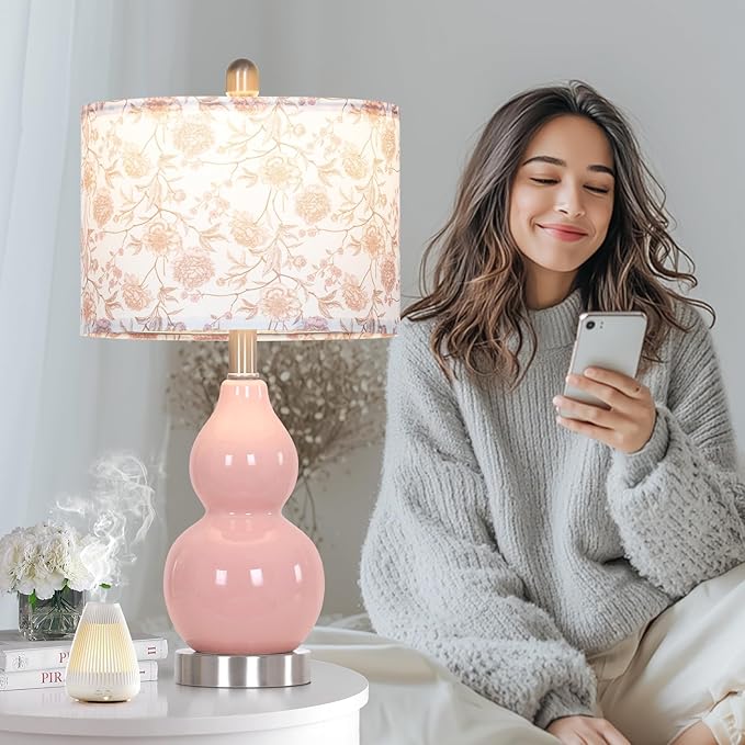 Pink Double Gourd Ceramic Lamps Set of 2 with Flower Lampshade, Modern Table Lamps for Living Room, Contemporary Nightstand Bedside Lamp for Bedrooms End Tables Office Dorm Decor(2 LED Bulbs Included)