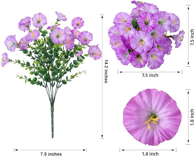 HyeFlora Artificial Flowers for Outdoors Fake Plants Outside Decoration, 12 Bundles Silk Purple Morning Glory UV Resistant Look Real Faux Flowers for Planter Front Door Porch Patio Yard Gardens Home