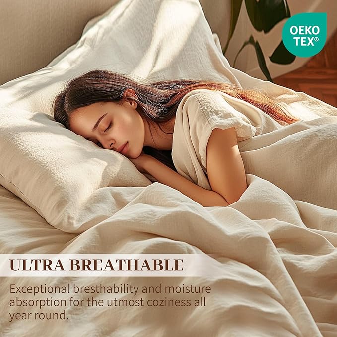 MEISHANG 100% French Pure Linen Sheets Queen Size - Bed Sheets 4 Piece Sets, Soft Durable Flax Linen, Anti-Tear Breathable Oeko-Tex Certified with 16" Deep Pocket (Brown)