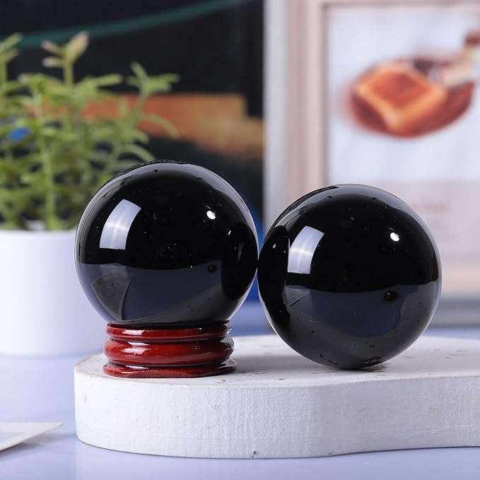 100mm Natural Black Obsidian Stone Sphere with Wooden Stand, Polished Crystal Ball Decoration for Home & Office