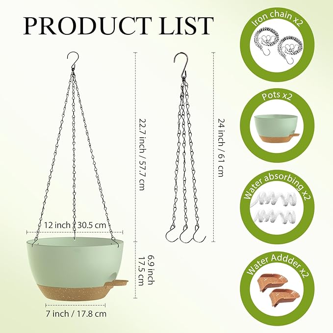 12 Inch Hanging Baskets 2 PC with Chains, Self-Watering Hanging Planters for Indoor Outdoor Plants, Plastic Hanging Flower Pots,Green Brown