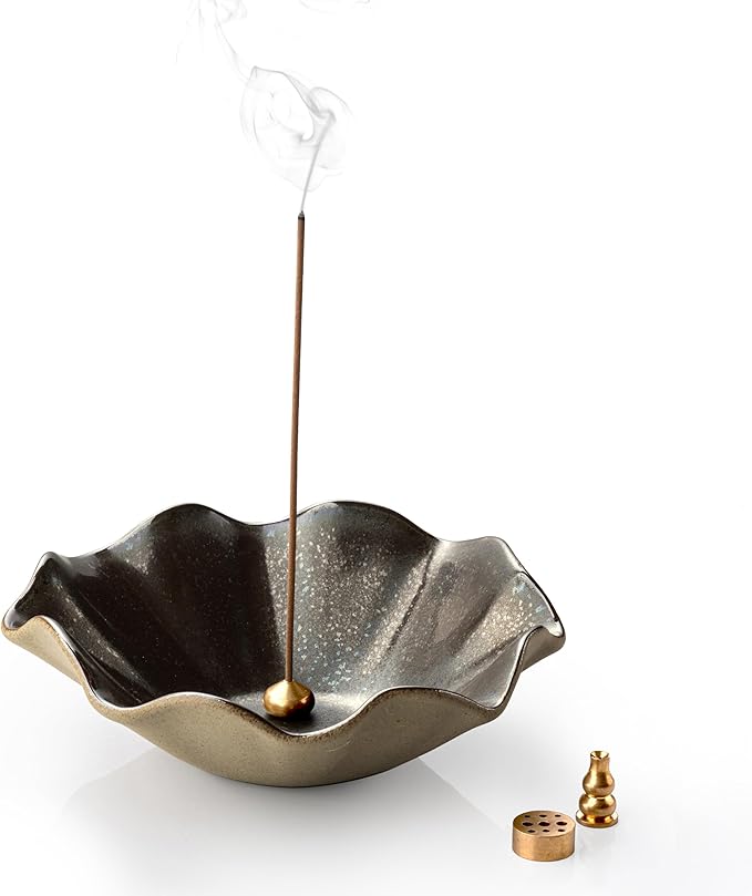4 in 1 Incense Burner 6 Inch Inscents-Sticks Holder, Lotus Incense Holder for Sticks, Insence Burner with 3 Incense Sockets for Meditation, Yoga, Home Decor, Black and Brown