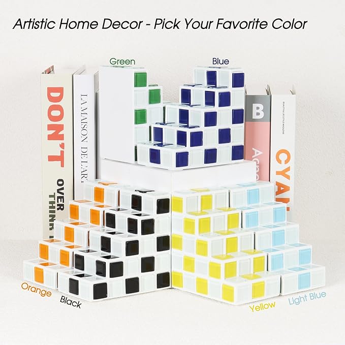 Decorative Bookends for Shelves - Stair Book Ends for Heavy Books - Unique Book Stopper & Holder for Shelves - Modern Home Decor Aesthetic Bookshelf Decor (Light Blue & White)