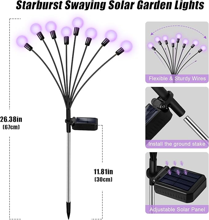 Solar Garden Lights 16 LEDs, Purple, 2 Pack 8 Heads, Outdoor Waterproof, Swaying Firefly Lights for Yard, Patio, Pathway, Lawn Decorations