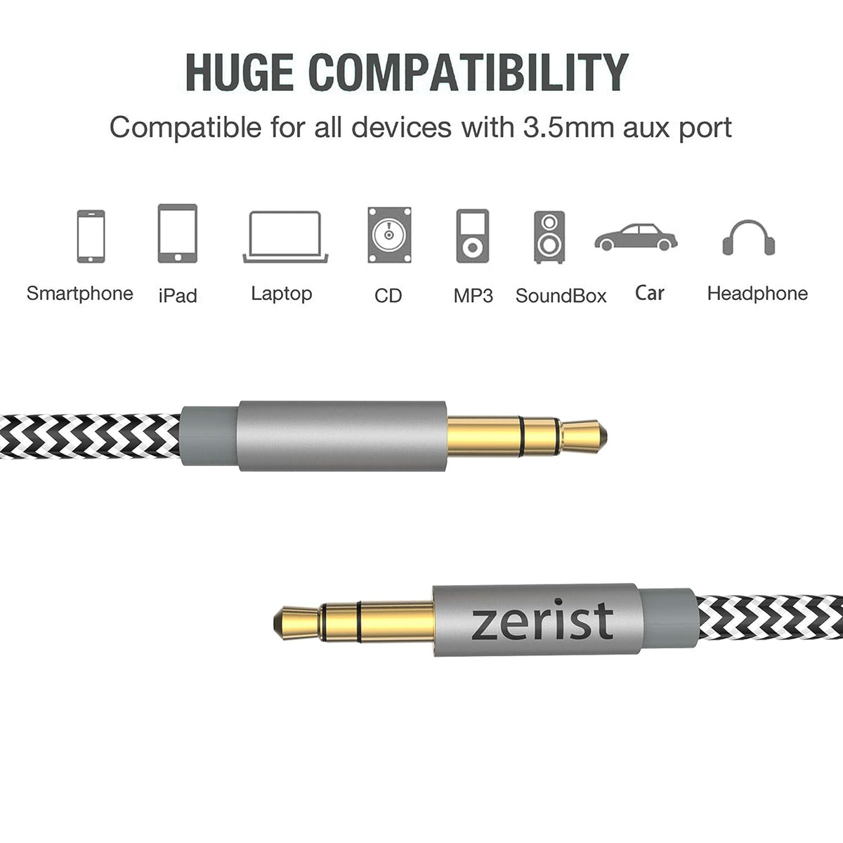 Zerist 3.5mm 10ft/3m Stereo Audio Cable Extension Male to Male Nylon Braided Tangle-Free AUX Cable for Headphones