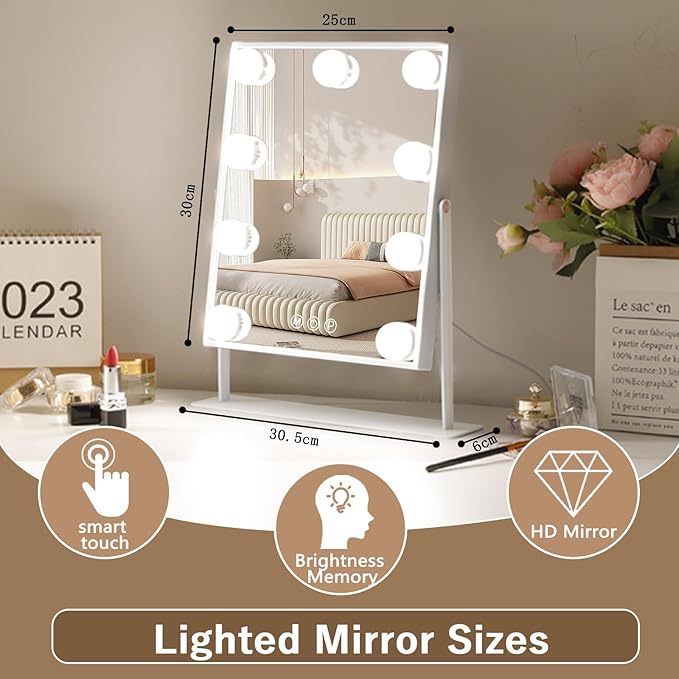 Hansong Vanity Mirror with Lights Lighted Makeup Mirror with 9 LED Bulbs Plug in Light Up Makeup Mirror with Lights 360 Rotation with 10x Magnifying Mirror Tabletop