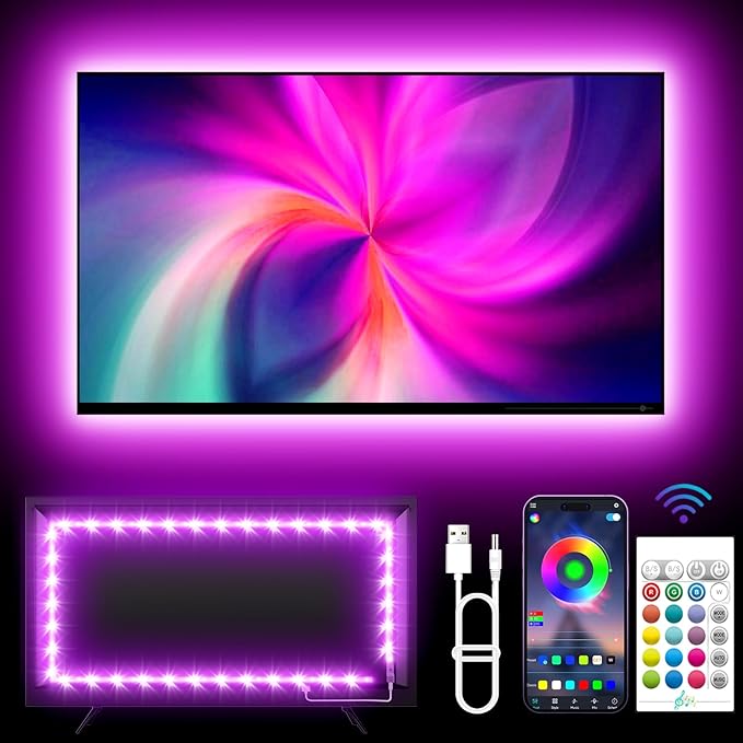 TV Backlights, 13.1FT LED Lights for 32-65 Inch TV, RGB TV LED Lights Behind, Music Sync Bluetooth APP and Remote Control TV LED Strip Lights USB Powered for Gaming/Bedroom