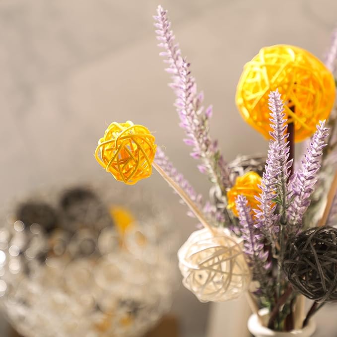 Patelai 36 Pcs Wicker Rattan Balls Decorative Balls for Vase Centerpiece Bowls Orbs Filler for Home Decor,4 Sizes(Yellow, Gray, White)