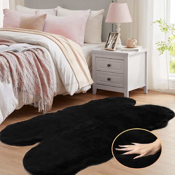 Faux Bunny Fur Rug Plush Area Rugs Machine Washable Black 4x6 Shag Area Rug for Bedroom Faux Sheepskin Rug for Living Room