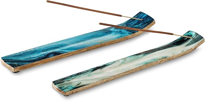 Folkulture Set of 2 Incense Holder or Incense Burner for Insence Sticks, Insence Burner Holder for Home Decor or Ash Catcher, Inscent Tray or Insense Stick Holders, Mango Wood, Blue and Green Agate