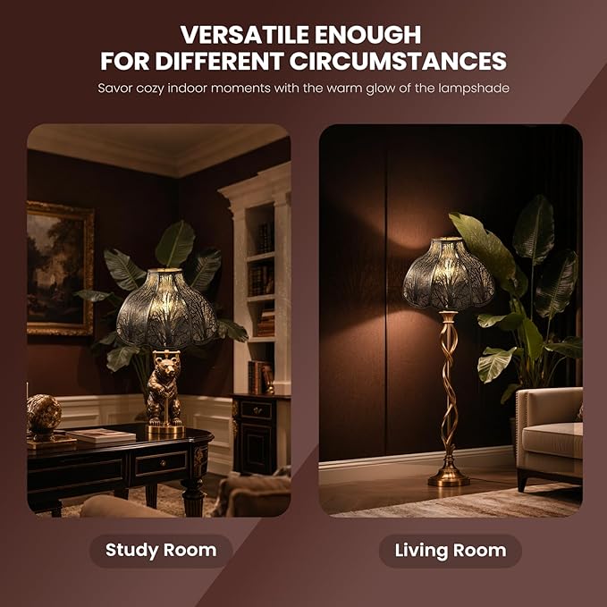 ALUCSET Octagonal Large Lampshade, Lotus Shaped Etched Forest Metal Lamp Shade Replacement for Table and Floor Light Cover, Antique Bronze and Gold, 6" Top x 17" Bottom x 11" High Large Lampshades