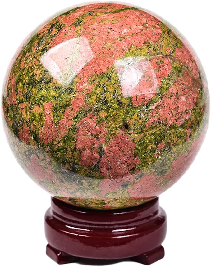 JIC Gem Natural Unakite Crystal Sphere Rock Quartz Crystal Ball with Wood Stand Healing Meditation Energy Decoation Ball (70-80mm)