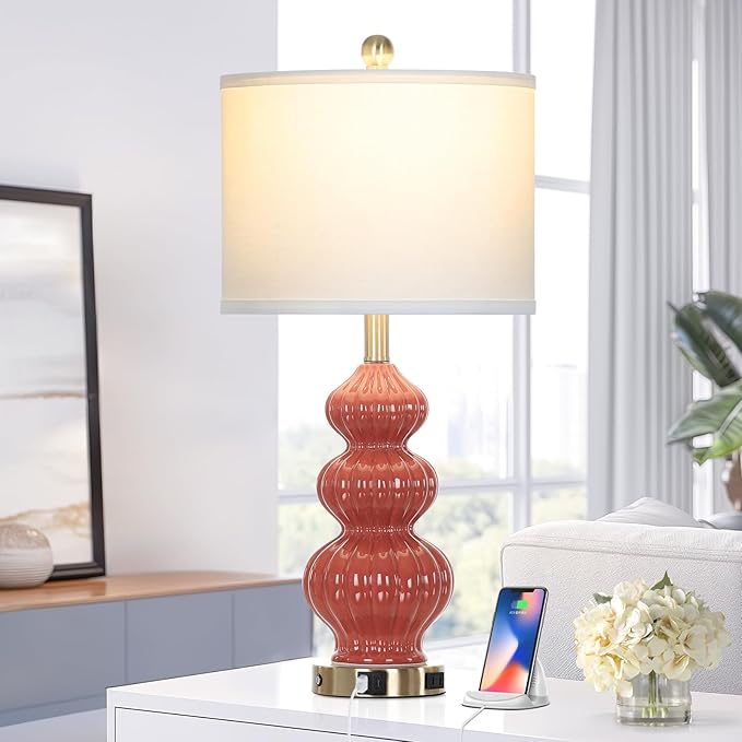 Triple Gourd Ceramic Table Lamps Set of 2, Modern Orange Bedside Lamps with USB A+C Ports & AC Outlet, 3 Way Touch Control Contemporary Nightstand Lamps for Bedroom Living Room