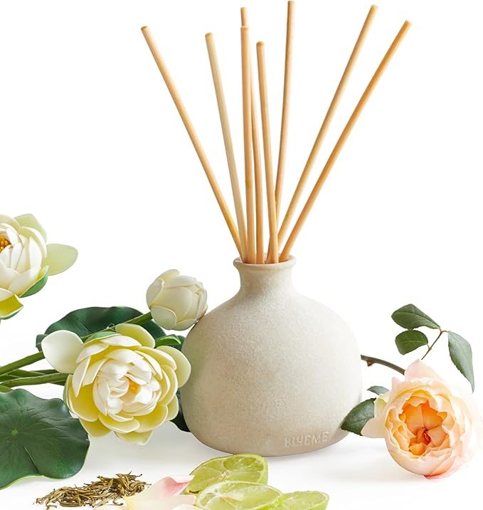 BLUEME Balance-White Lotus & Tea, 16.91 Fl Oz Wellness Diffuser, Contains Essential Oil, Sustainable, Hand Finished, Premium, Luxury Ceramic, Natural Rattan Reeds