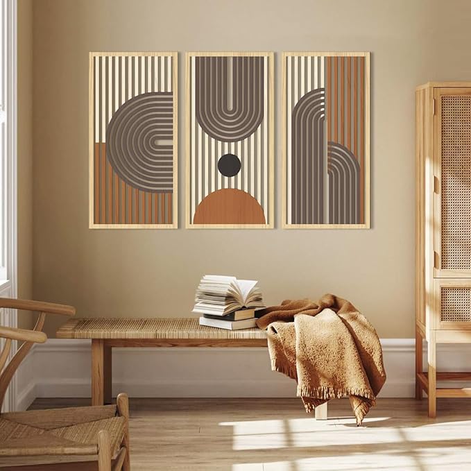 IARTTOP Mid century Modern Decor 16x32 Inch Large Boho Wood Wall Art Abstract Wooden Wall Decor Minimalist Bohemian Orange Artwork for Living Room Bedroom Office Set of 3