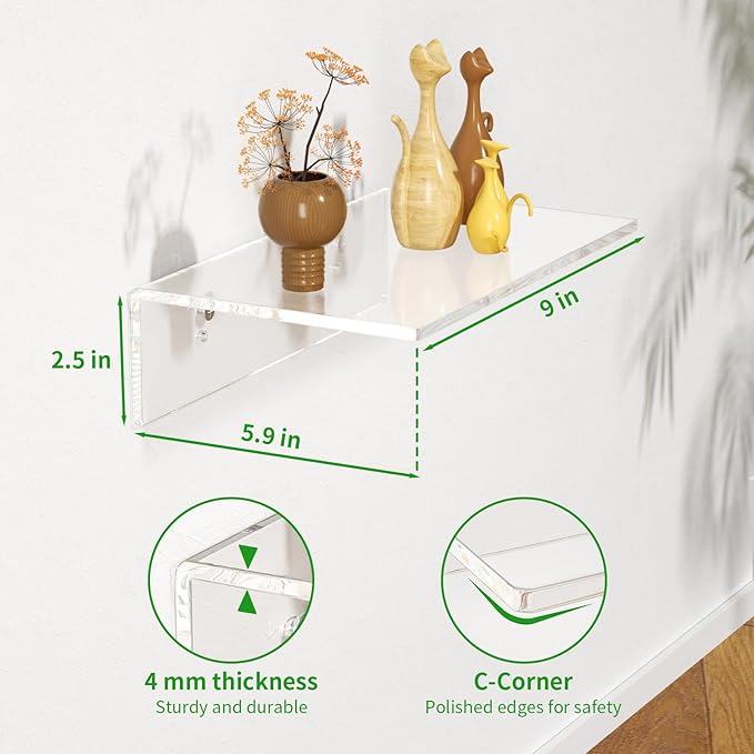 FEMELI 2 PCS 9" Acrylic Floating Shelves, Clear Shelf for Display, Plant, Perfume, Book in Bedroom Living Room Office, 5mm Thick Wall-Mounted Acrylic Shelves for Wall