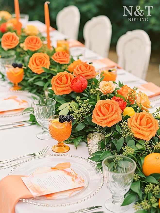 N&T NIETING Artificial Roses Flowers, Fake Glitter Flowers Burnt Orange Roses Perfect for DIY Wedding Bridal Bouquets Centerpieces Bridal Shower Party Home Flower Arrangement Decorations, 25Pcs
