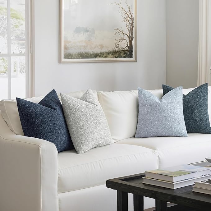 MIULEE Pack of 4 Decorative Textured Boucle Christmas Throw Pillow Covers 20x20 Inch Neutral Blue Accent Solid Pillow Cases Couch Cushion Covers for Modern Farmhouse Boho Bed Livingroom Home Decor