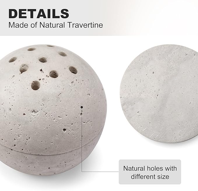 Natural Travertine Round Incense Cone Holder, Minimalist Sphere Incense Burner for Cones, Home Decorations 3.94in (Gray)