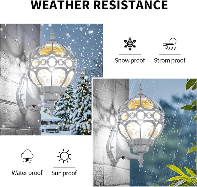 Dusk to Dawn Globe Outdoor Wall Lights, White Porch Light, Aluminum Waterproof Exterior Lighting Fixtures Wall Mount, Sphere Outside House Sconces Lantern with Amber Glass for Patio Garage Doorway