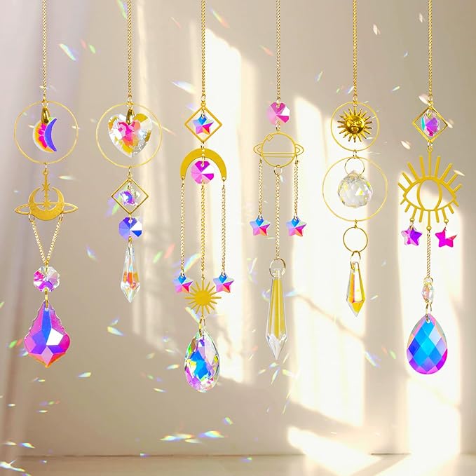 Sun Catchers 6Pieces Colorful Crystals Suncatcher with Chain Pendant Ornaments Hanging Crystals Prism Rainbow for Window Home Indoor Outdoor Car Mirror Garden Christmas Day Party