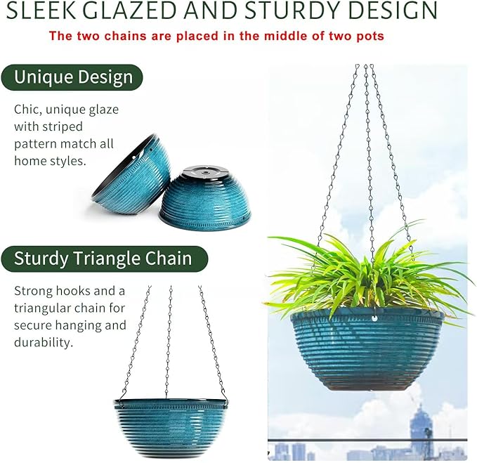 10in Hanging Planters for Indoor and Outdoor Plants, 2 Pack Hanging Planter with Drainage Hole, Round Hanging Flower Pots for Garden Home Decor (Blue)