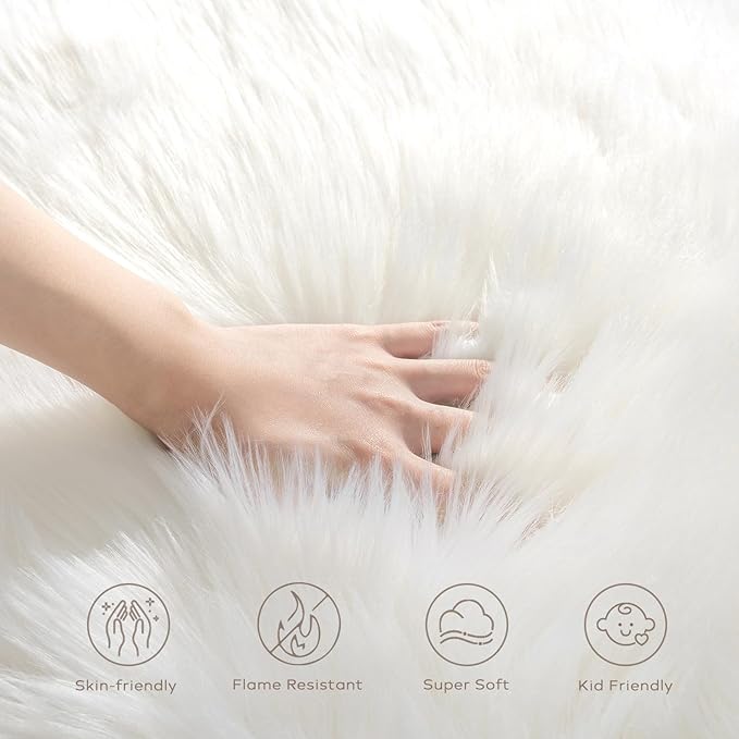 Ashler Faux Fur Rug, Fluffy Shaggy Area Rug Ultra Soft 5 x 7 Feet Rectangle Fur Rug White Fuzzy Rug Machine Washable Shag Rug, Nursery Decor Throw Rugs for Bedroom, Kids Room, Living Room