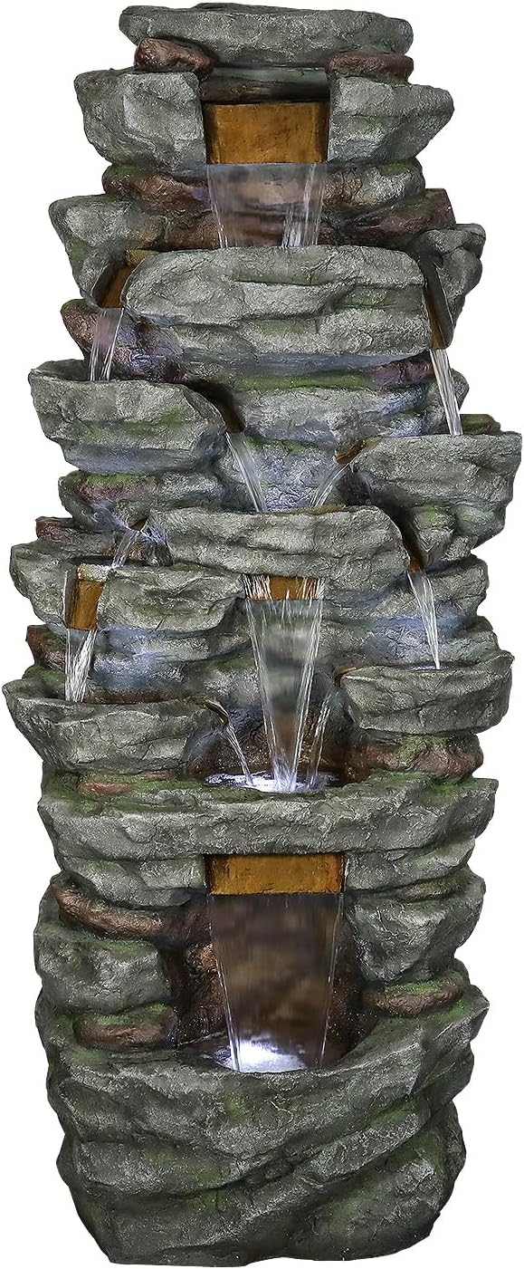 SunJet 79" High Multi-Tiers Cascading Rock Outdoor Water Fountain with LED Lights - Large Outdoor Fountains and Waterfalls for Garden or Patio, Yard, and Deck Decor, Featuring Natural Stone Look