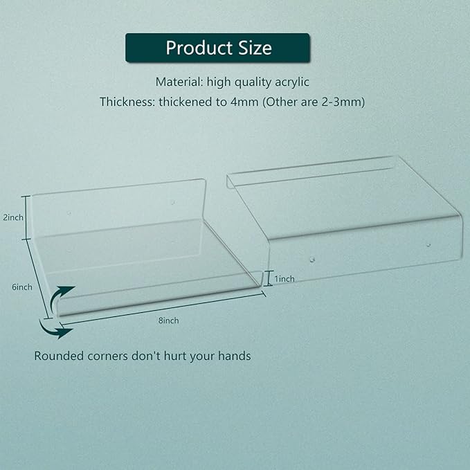 Floating Acrylic Shelves, 8X6 Inch Clear Wall Shelf, Small Plant Shelves, Picture and Toy Display Stand (No Drill, 4 Pack)