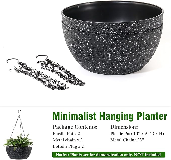 10 inch Hanging Planters for Outdoor Indoor Plants with Drainage Holes and Chain, 2 Pack Round Hanging Flower Pots for Garden Home Porch Decor, Speckled Black