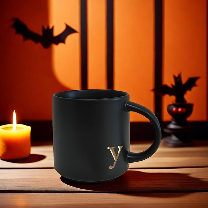 COLLECTIVE HOME - Black Monogram Ceramic Mugs, 15 oz Golden Initial Coffee Cups, Elegant Alphabet Tea Mugs, Personalized Halloween Mug with Gift Box, Perfect for Office and Home Décor (y)