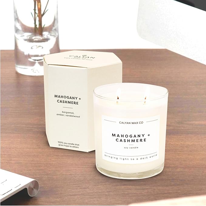 Calyan Wax Co. Mahogany & Cashmere 2 Wick Scented Candle - 37 Hour Burn - Luxury Non Toxic Soy Wax Candles - Long Lasting Large Glass Jar Candle for Home - 8.8oz