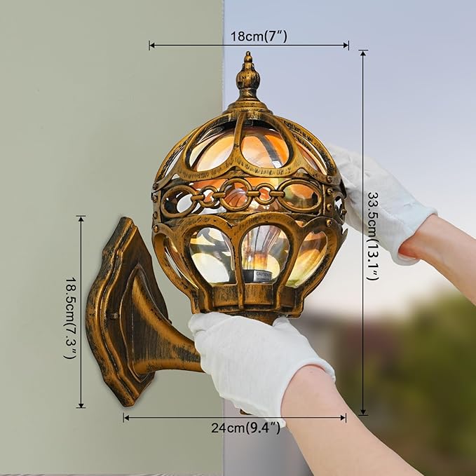 Gold Outdoor Wall Light Fixtures, Globe Exterior Aluminum Waterproof Porch Lights, Sphere Anti-Rust Outside Lantern Wall Mount with Amber Glass for Patio Backyard Garage Doorway Front Door