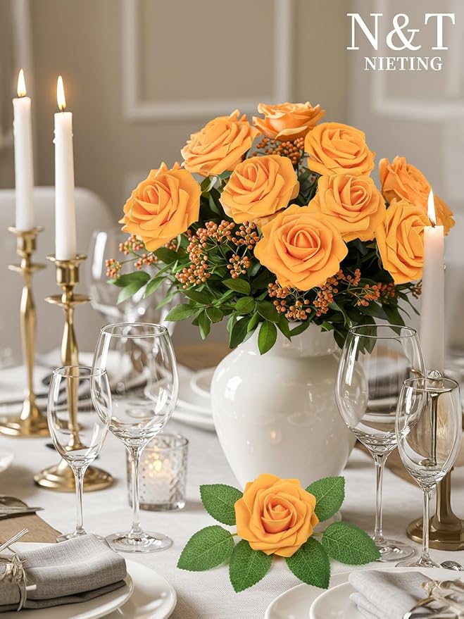 N&T NIETING Artificial Flowers, Fake Flowers Orange Roses Perfect for DIY Wedding Bridal Bouquets Centerpieces Bridal Shower Party Home Flower Arrangement Decorations, 25Pcs