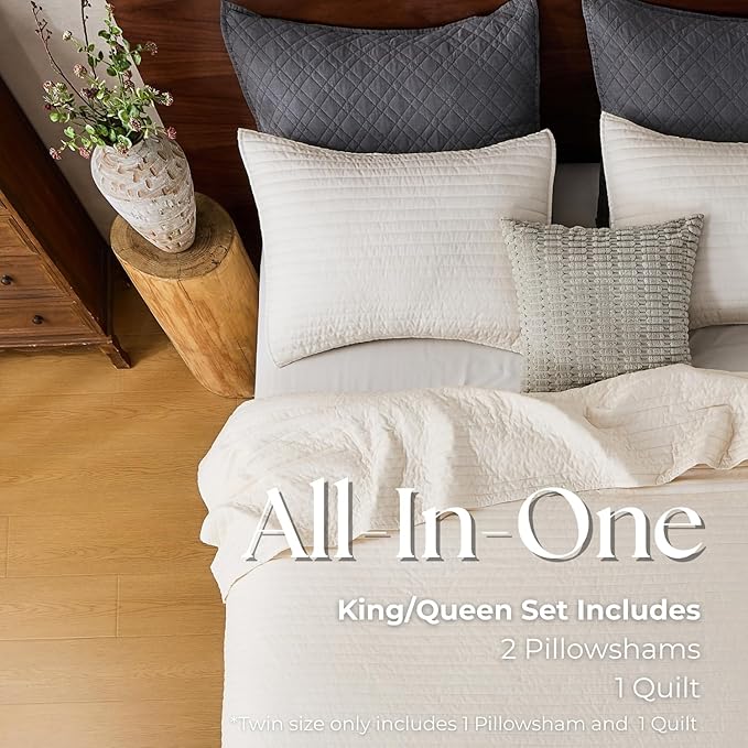 DOWN HOME Queen Quilt Bedding Set with Shams, Vintage Washed Soft Quilted Blanket Thin Comforter Lightweight Bedspread Coverlet Bed Cover, Brushed Microfiber Stripe Stitching, Linen White, 86"x90"