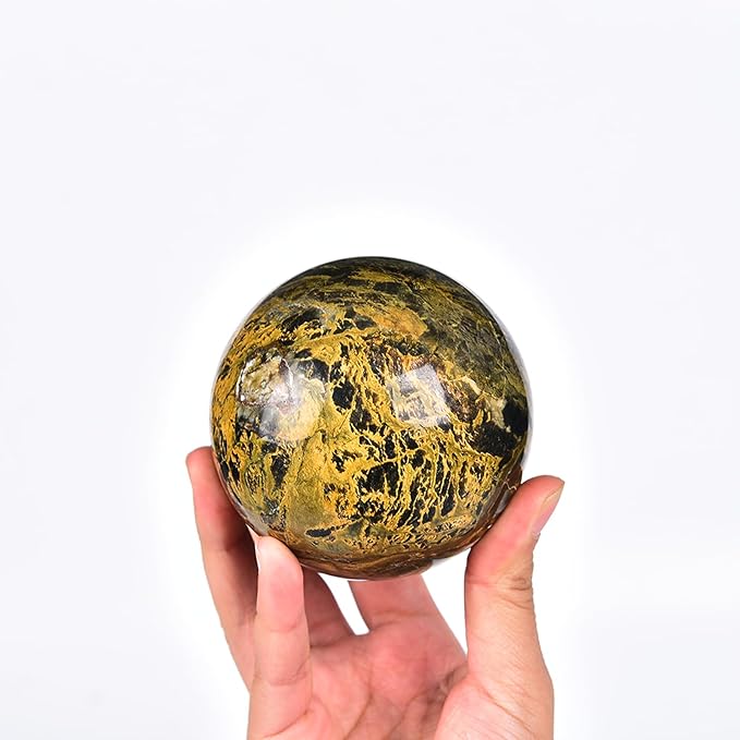 JIC Gem Pietersite Crystal Sphere with Wooden Stand,Decorative Crystal Ball Blues and Golden Browns Gemstone Sphere for Meditation,Feng Shui,Witch-Style Decor,Office Table Decorations 70-80mm