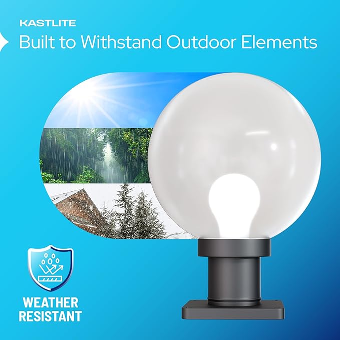 KASTLITE 12" Globe Pier Mount Outdoor Lighting with LED Lamp | UV & Waterproof Pillar & Column Lights | Deck Driveway Yard Patio & Garden Fixture | Made in USA | White Cover, White Decorated Base