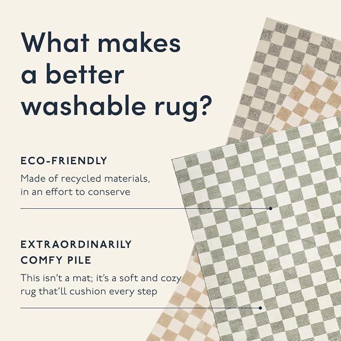 Revival Rugs Gambit 3'x5' Checkered Rug Machine Washable Area Rug for Kitchen Bedroom - 100% Recycled Oeko-TEX Certified, Medium Pile, Green, Beige