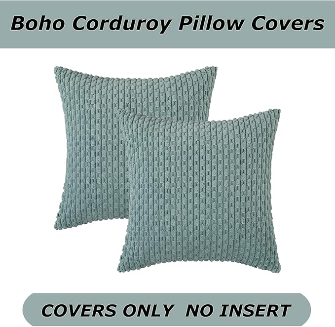 Kevin Textile Throw Pillow Covers Soft Corduroy Decorative Set of 2 Boho Striped Pillow Covers Pillowcases Farmhouse Home Decor for Couch Bed Sofa Living Room 16x16 Inch Dusty Green
