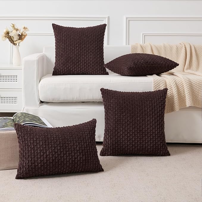 Kevin Textile Decorative Pillow Covers Set of 2 Striped Plush Corduroy Rectangle Lumbars Boho Home Decor Cushion Covers for Couch Sofa Bed Living Room 12x20 Inch, Coffee